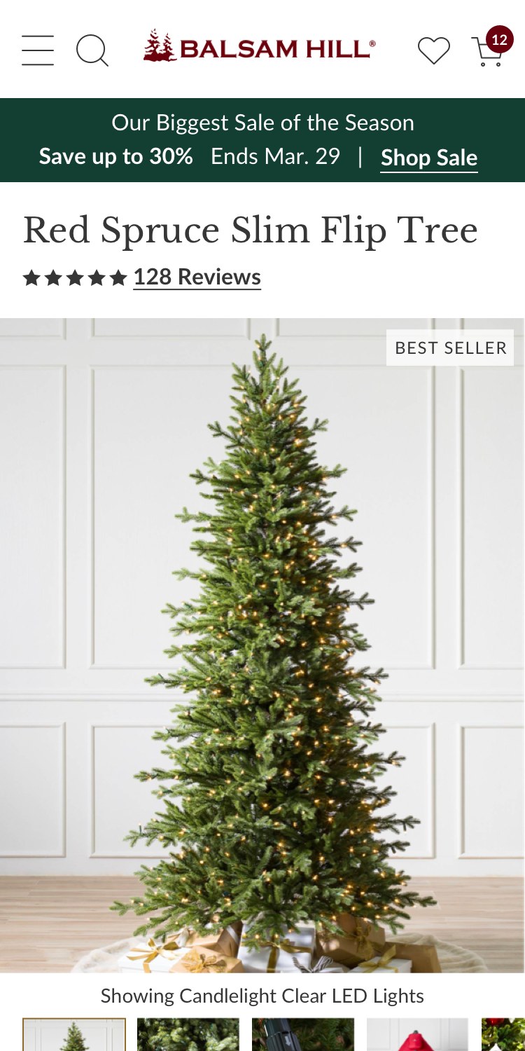 Mobile product page for the Red Spruce Slim Flip Tree, with reviews and a photo labelled with the selected light type