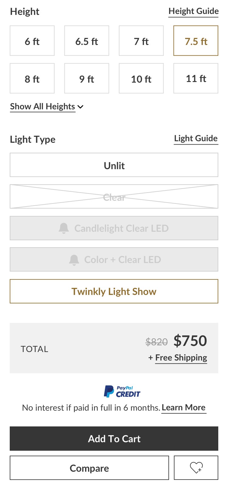 Product options with 7.5 ft and Twinkly Light Show selected, the total, and an Add To Cart button