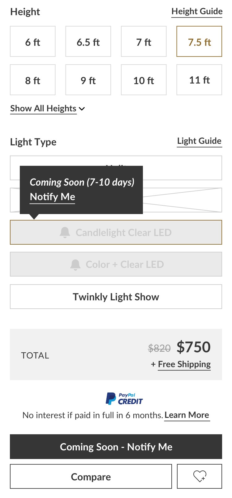 The same options with a coming-soon light selected: a tooltip gives the delivery window and Notify Me, and the button reads Coming Soon – Notify Me