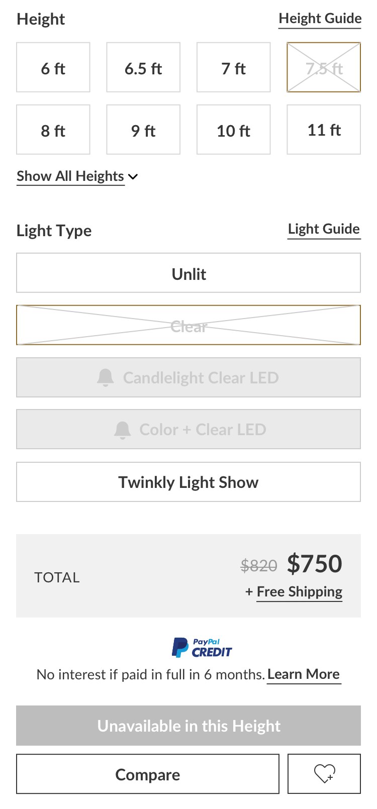 The same options with an unavailable combination selected: the height and light are crossed out and the button reads Unavailable in this Height