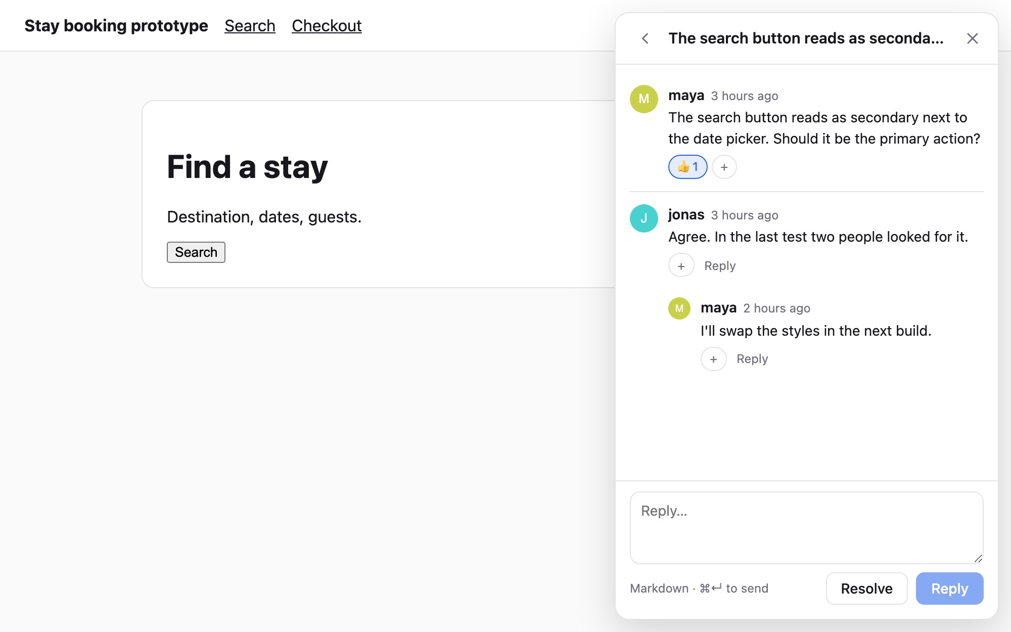 A prototype page with the comments panel open on a thread: the opening comment with a reaction, a reply, and a nested reply.