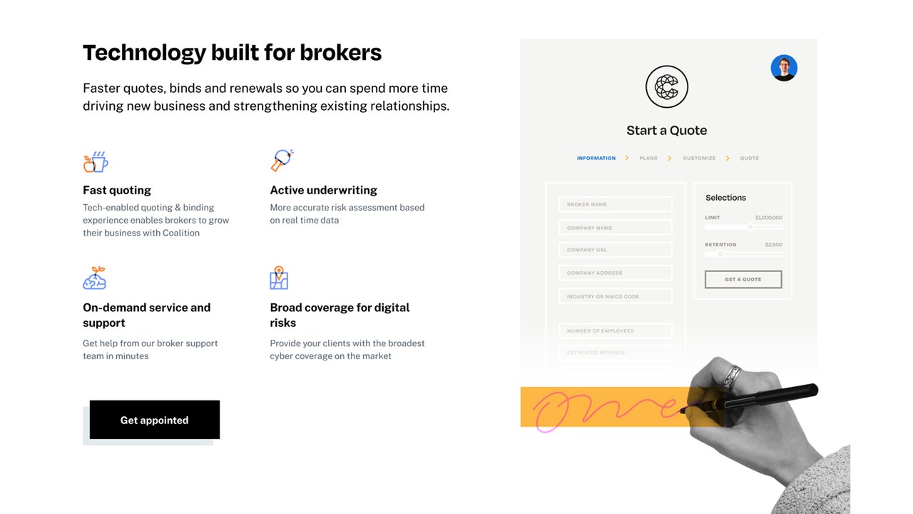 The Coalition broker technology section: four broker benefits beside the quote form