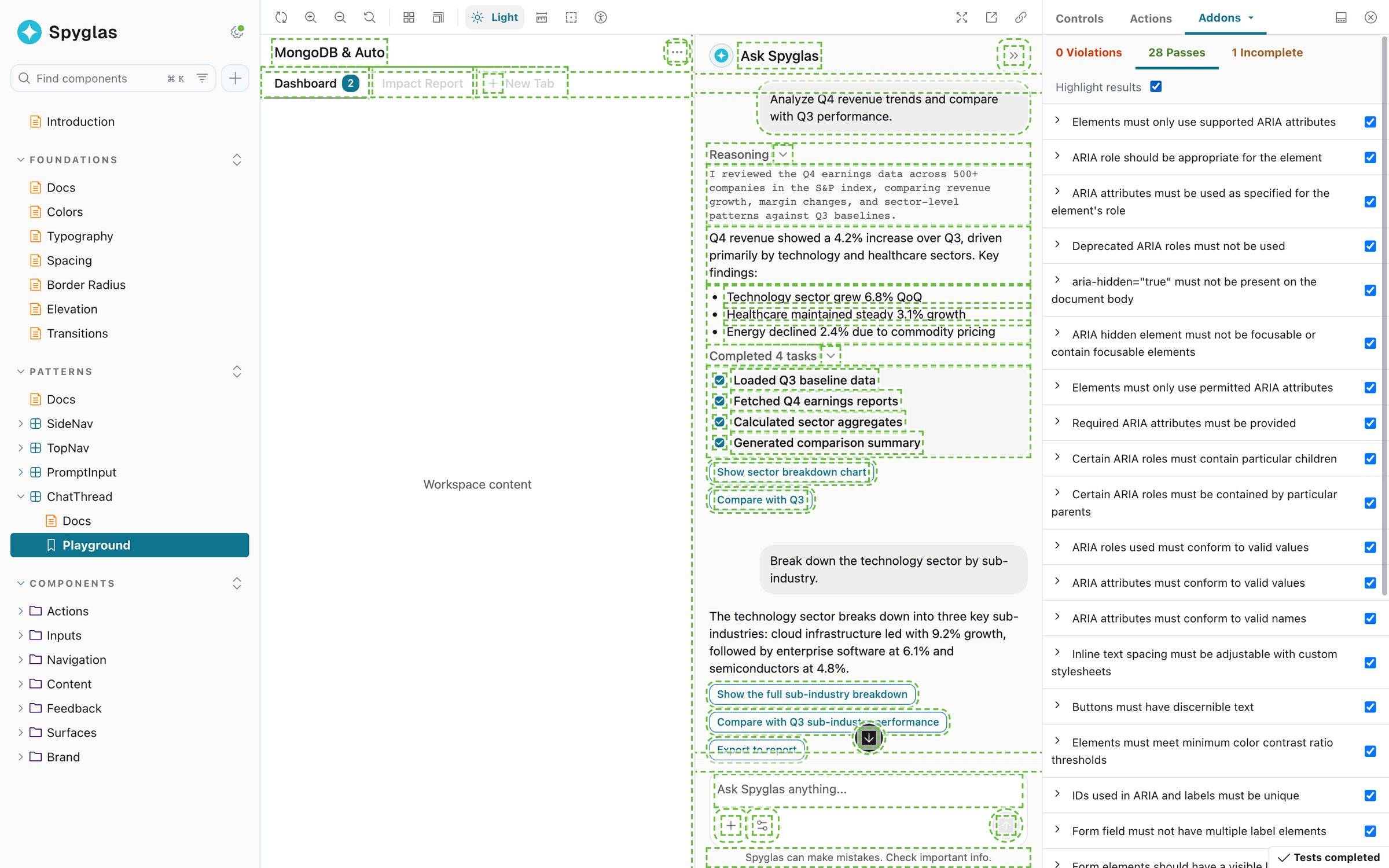 The chat thread open in the design system's Storybook. The accessibility panel on the right reports no violations, twenty eight passing checks and one incomplete, listing each rule that passed, and every element the checks covered is outlined in the component beside it