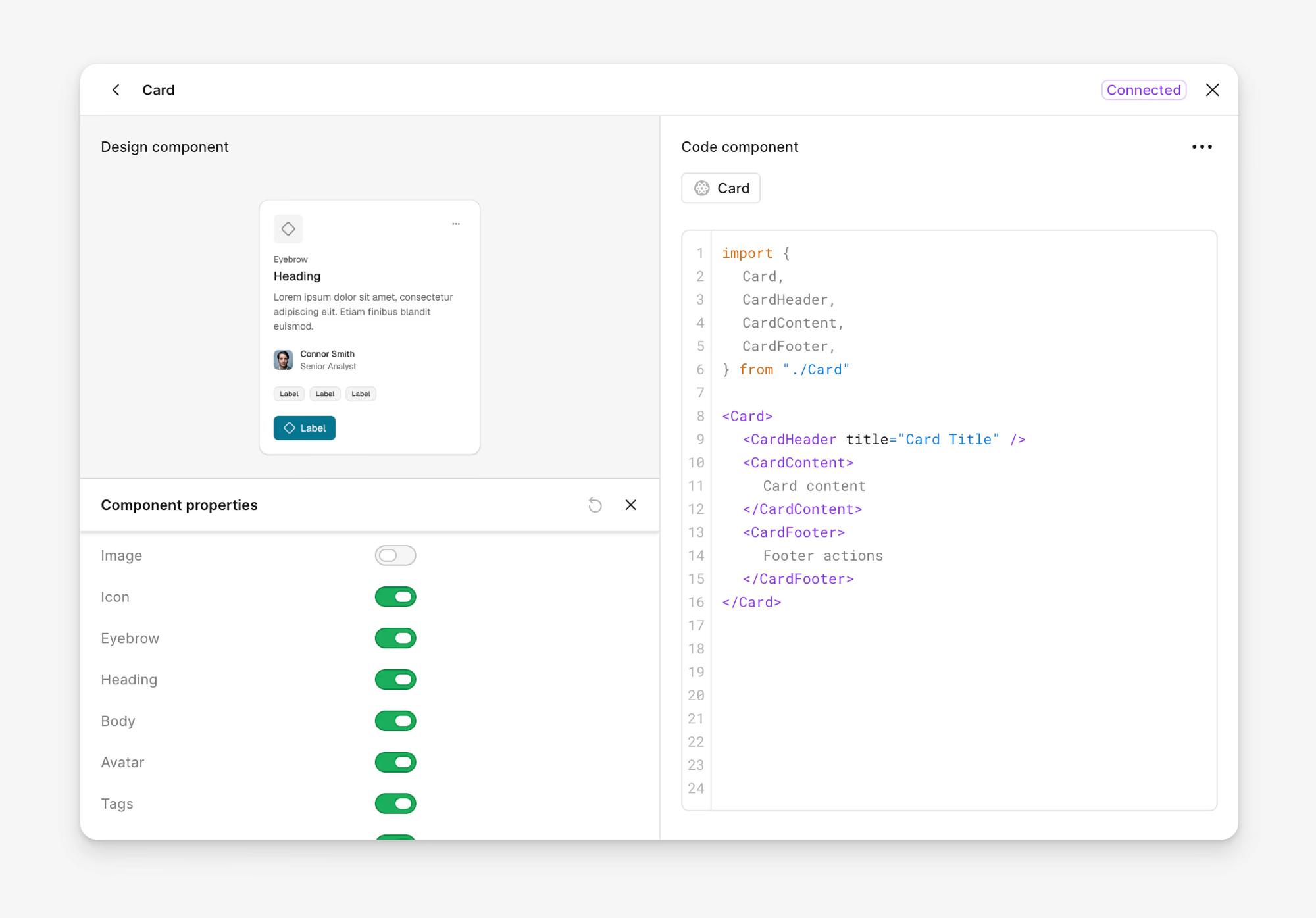 A Card component in Figma, its design on one side and the code that renders it on the other, marked connected, with the component properties that switch its parts on and off