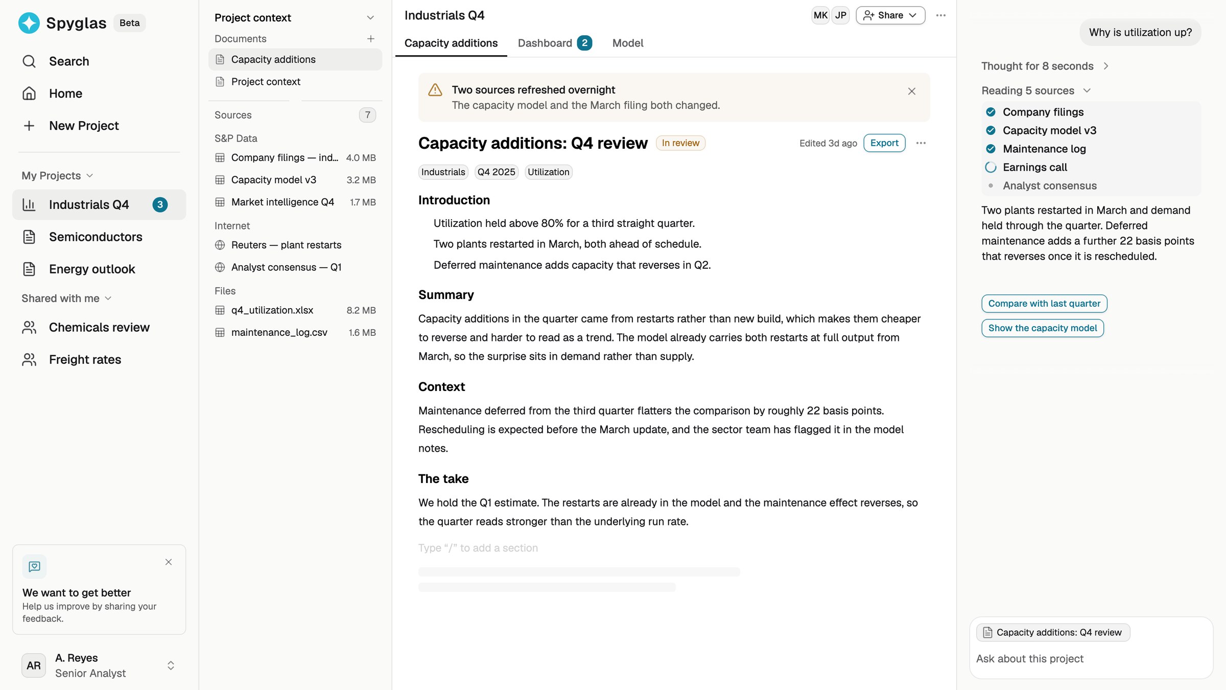 A workspace built from the library: the navigation with its search, project groups and user footer, a document with its tabs, alert, tags and loading state, and the assistant showing its reasoning, the sources it read and the prompt input beneath them