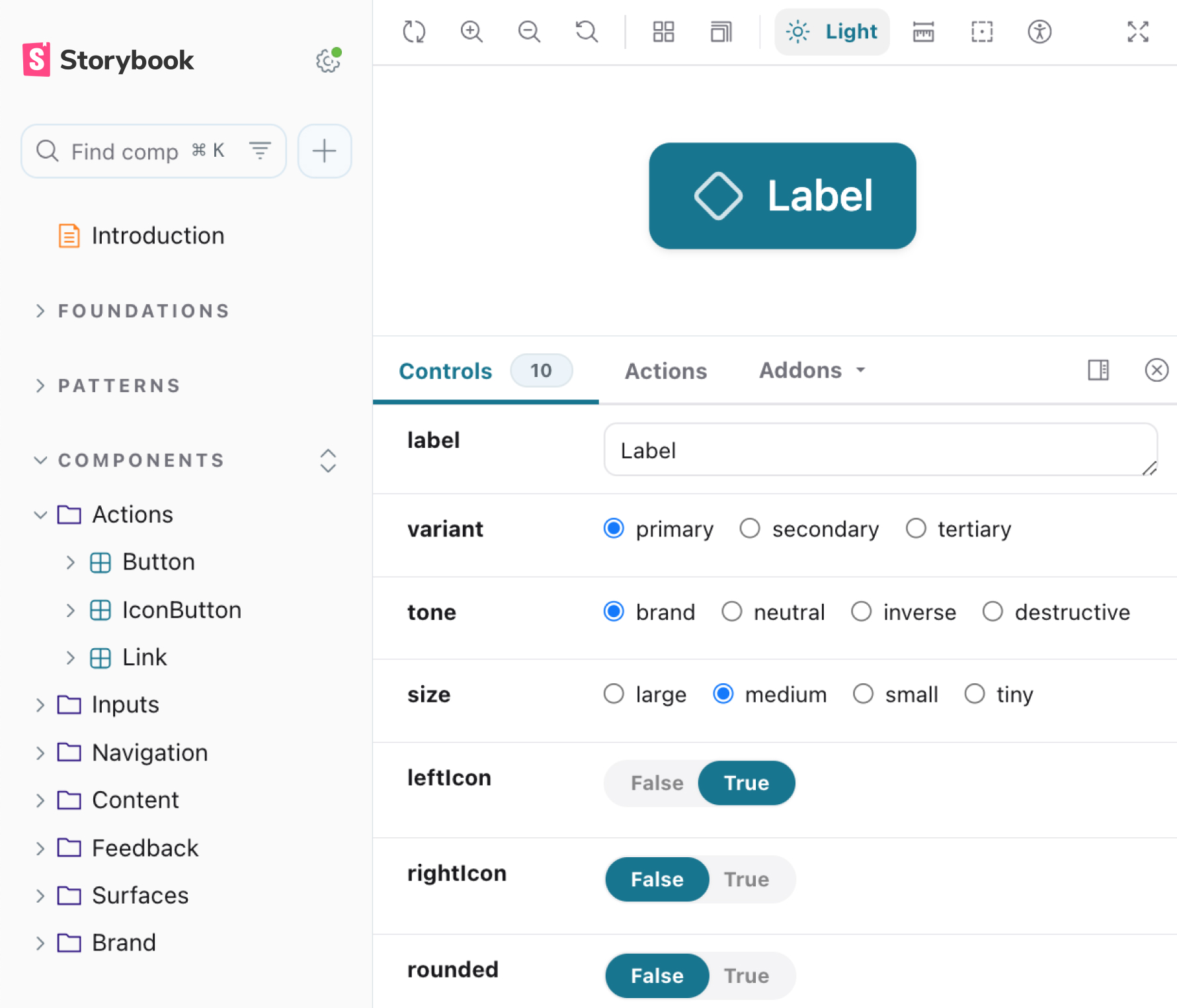 The same Button running in Storybook, with controls generated from its TypeScript props