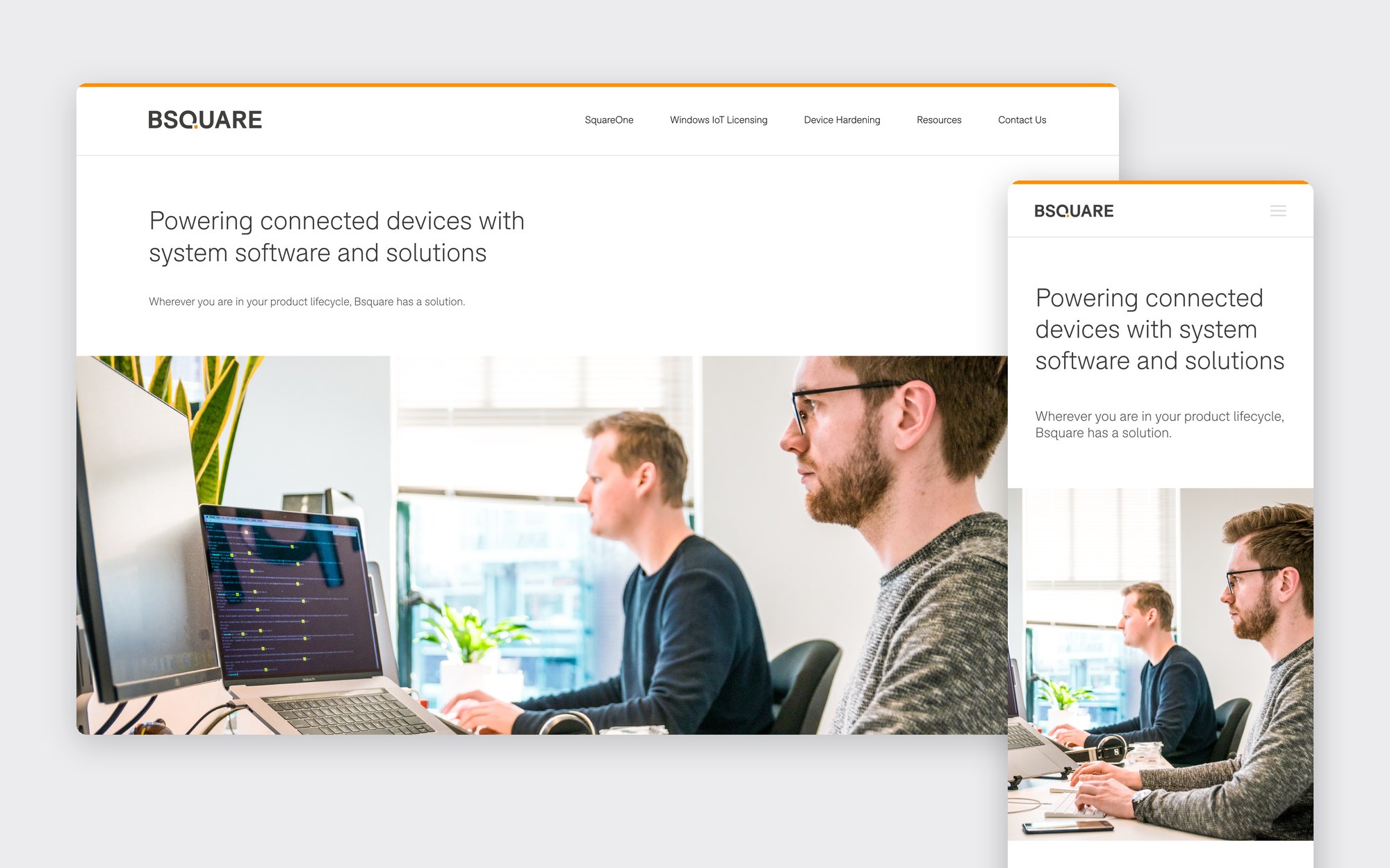 The redesigned Kontron homepage on desktop, with the mobile layout of the same page in front
