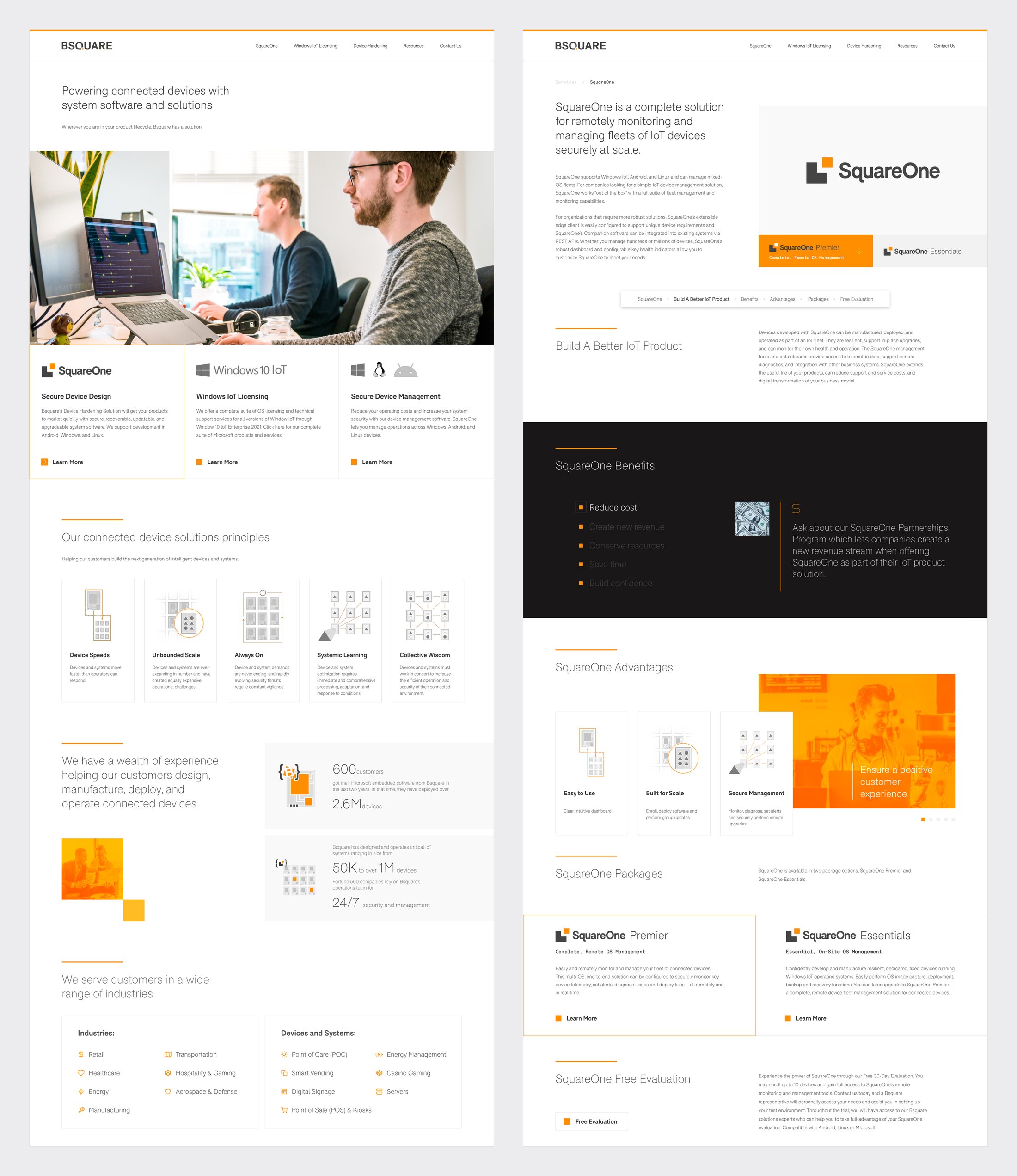 The homepage and the SquareOne product page side by side at full length, sharing the header, the orange-rule section headings, card rows, and calls to action