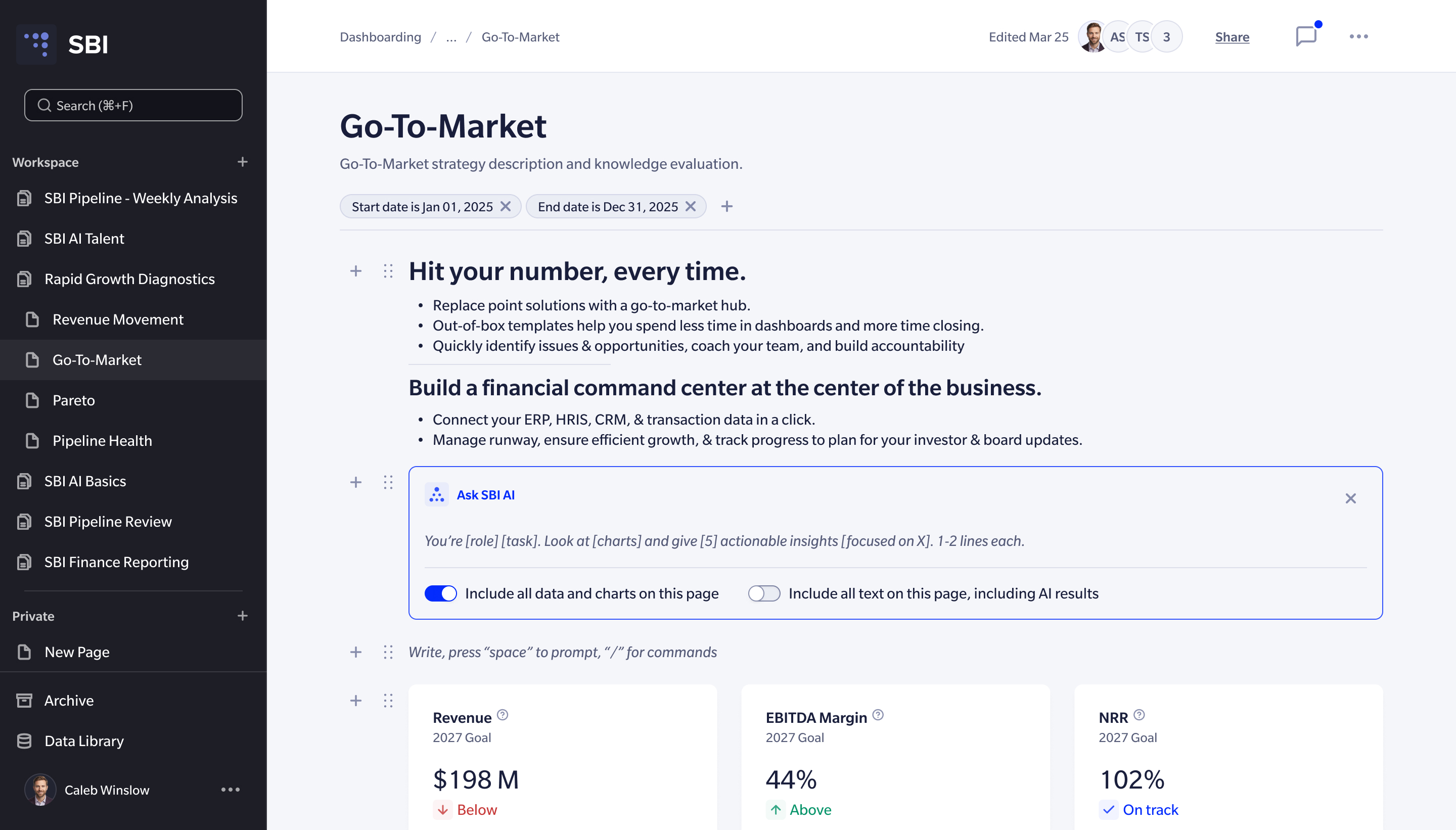 An inline AI prompt block inside a go-to-market page, with toggles to include the page’s data and text
