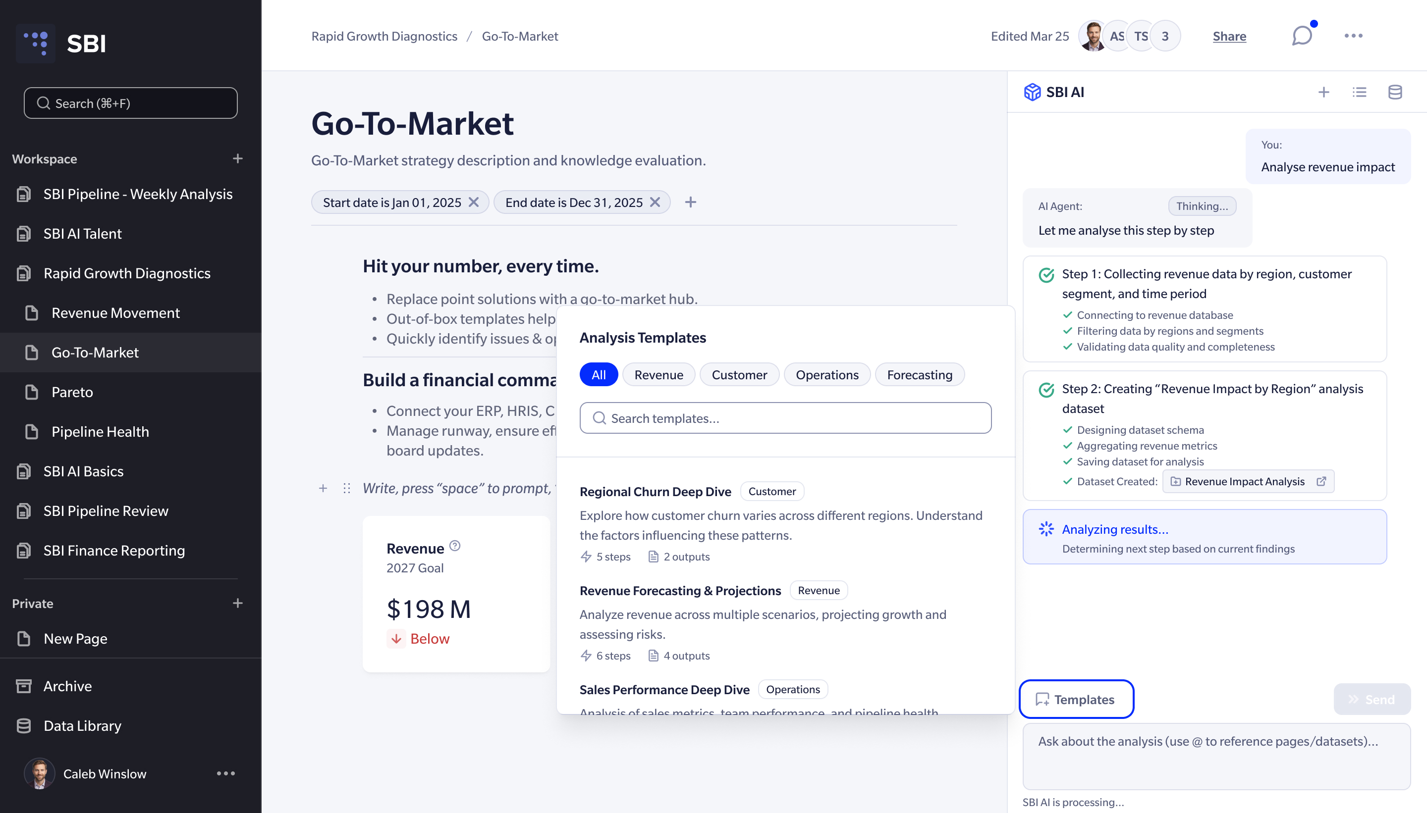 The AI assistant beside the page, working through a revenue impact analysis step by step and offering analysis templates