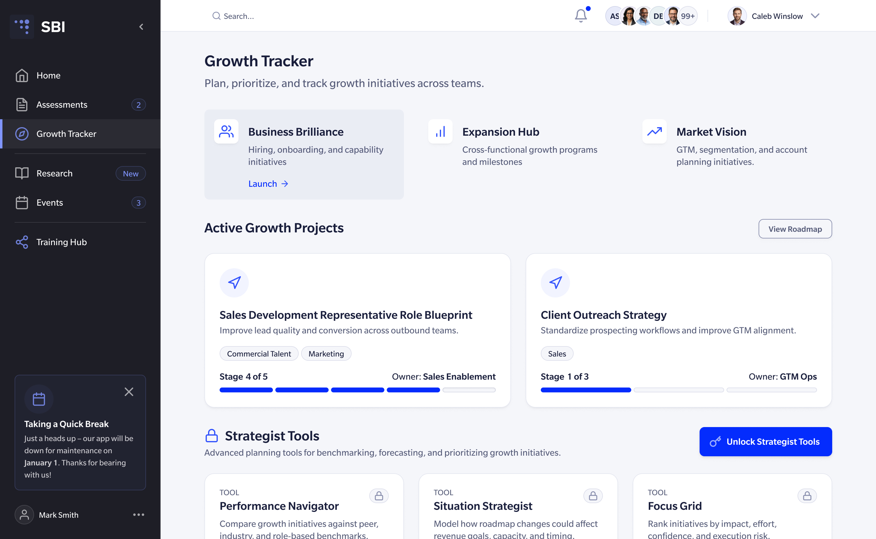 The Growth Tracker: three growth programs, active growth projects with their stage, owner, and progress, and locked strategist planning tools