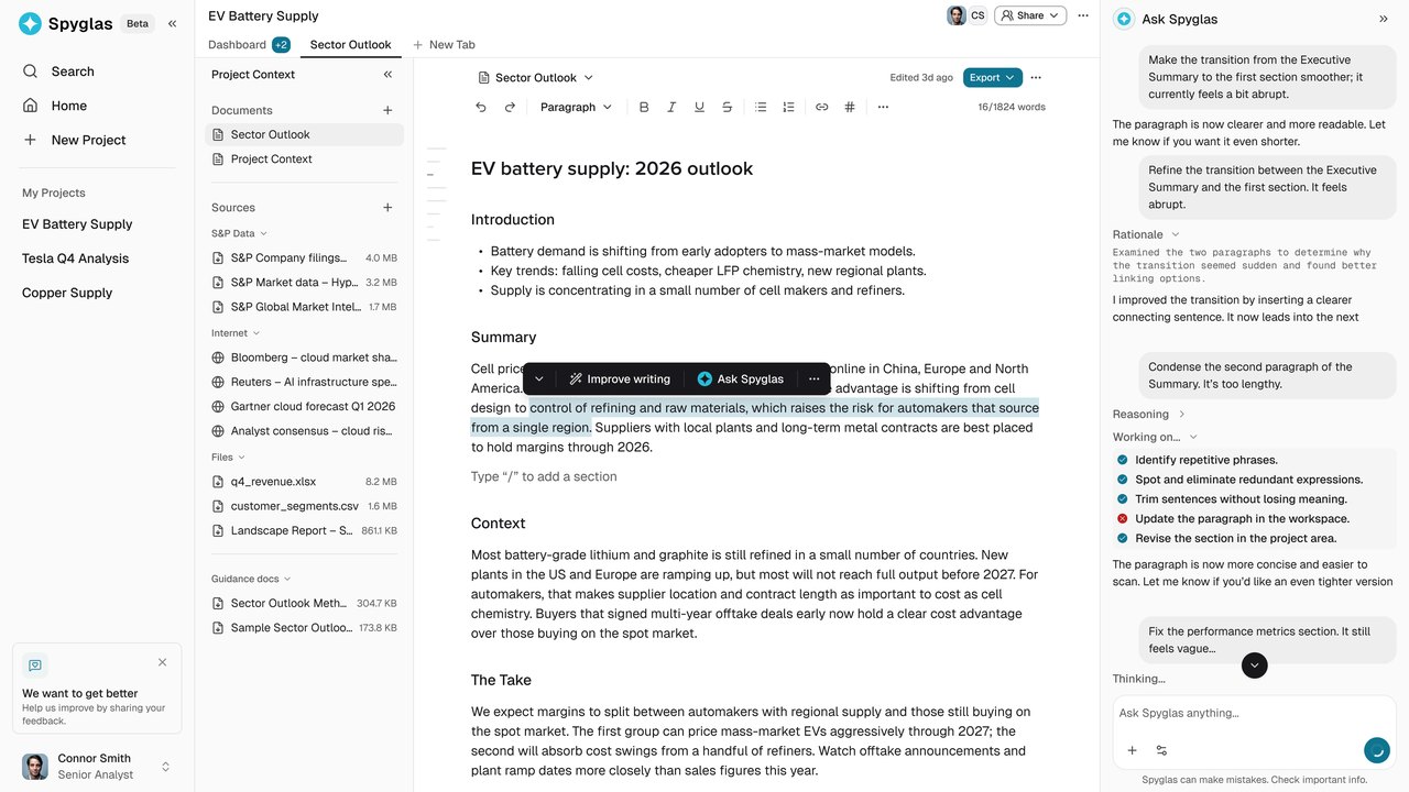 A sector outlook being edited in the AI research workspace, with the project’s sources beside it and the assistant working through an edit the analyst asked for