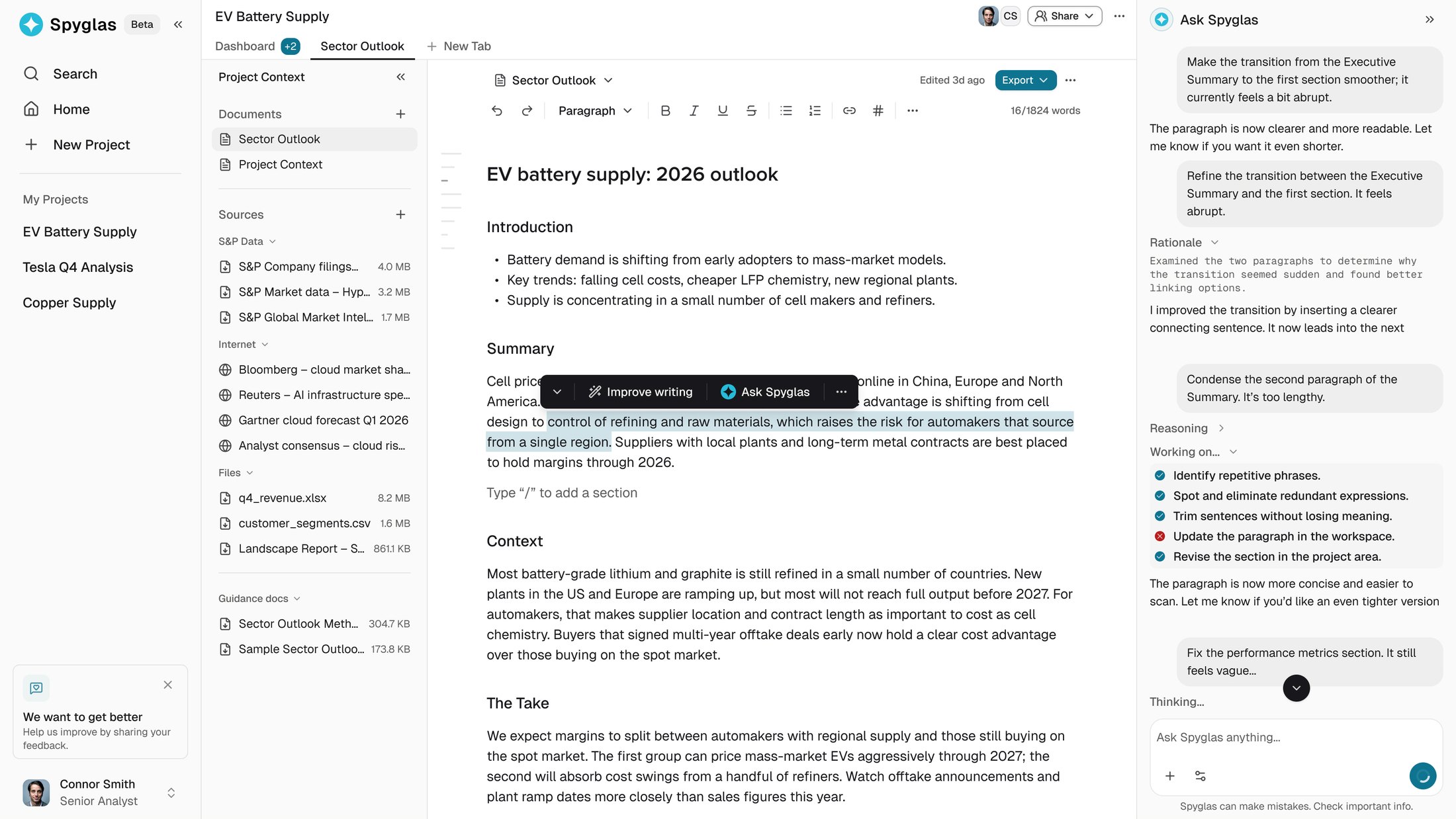 The AI research workspace: a project’s documents, data and guidance on the left, a sector outlook being edited in the middle with a toolbar offering to improve the selected sentence, and the assistant on the right reasoning through each edit the analyst asked for